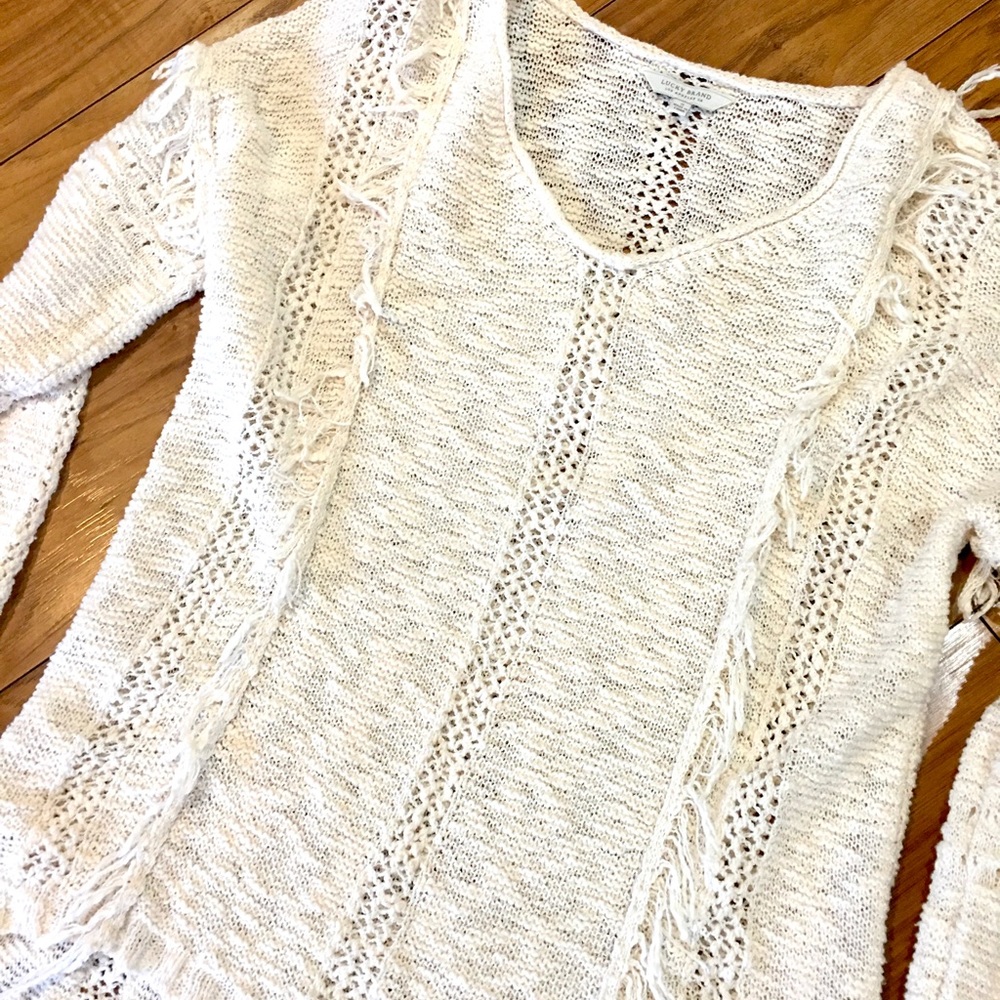 Lucky Brand boho sweater ivory antique white fringe distressed lightwei…